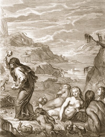 Deucalion and Pyrrha Repeople the World by Throwing Stones Behind Them, 1731 by Bernard Picart